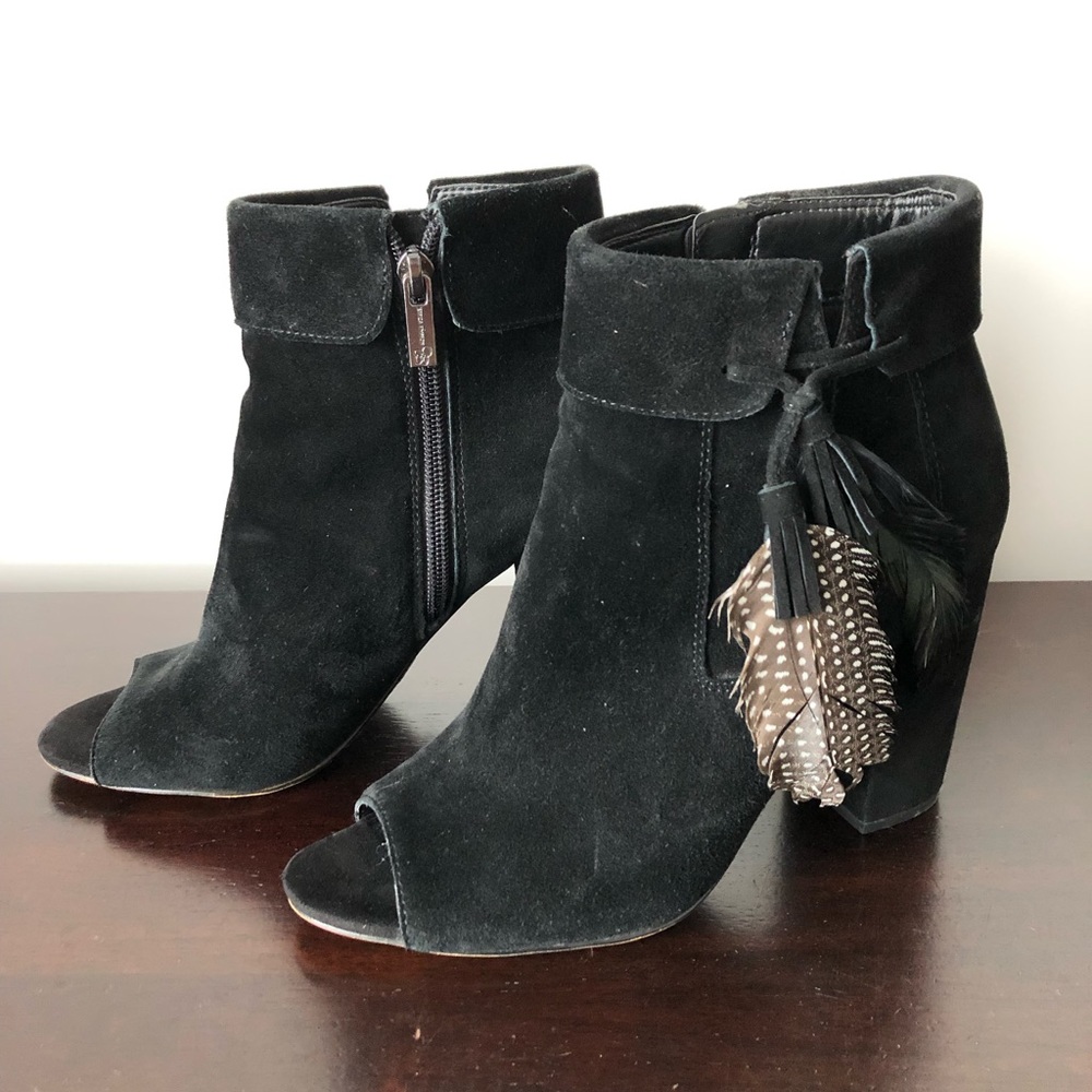 Jessica Simpson suede peep toe booties with feather accents